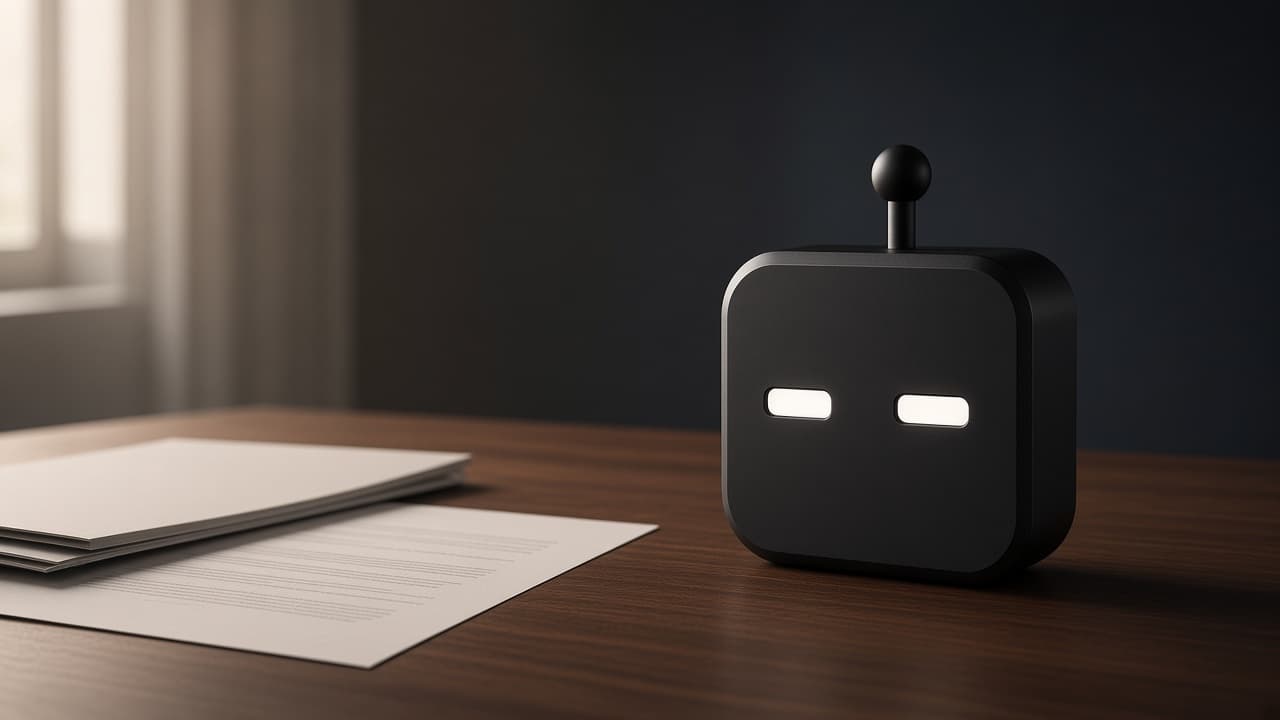 Le bot Mekhanis posé sur un bureau, à côté d'un dossier papier.